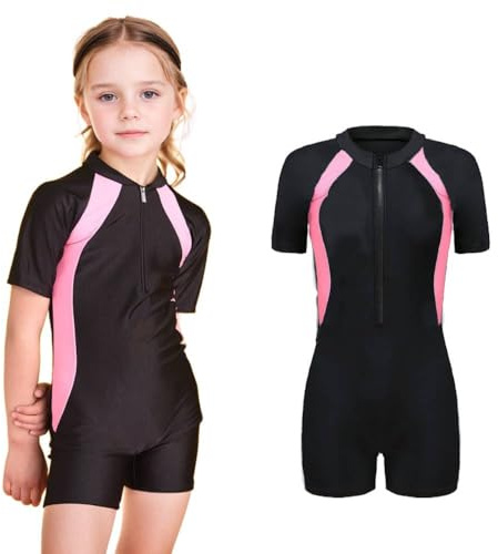 VNNOPG Girls Swimming Costume One-Piece Kids Swimsuit Kid Bathing Suit for Summer Beachwear Short Sleeve Swimwear,Pink,XXL