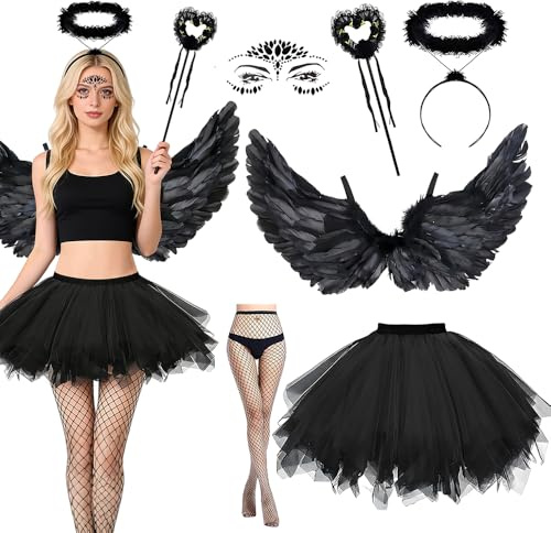 Schwarzer Engel Kostüm Damen, 6 Stück Engelsflügel Schwarz Kostüm, Engel Teufel Kostüm mit 80cm Engel Flügel, Tütü Rock, Heiligenschein, Teufelsstab, Netzstrumpfhose, für Karneval Halloween Cosplay