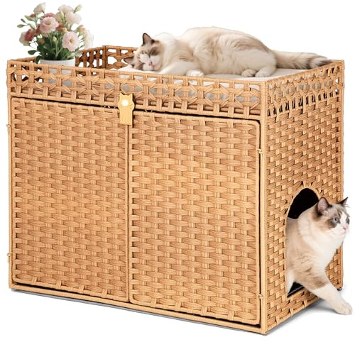 Klippehop Katzenhaus Katzenschrank für Katzentoilette Versteckte Katzenklo-Möbel, Handgeflochtenes Rattan-Katzenhaus mit Matte, Natur (Natur, XL)