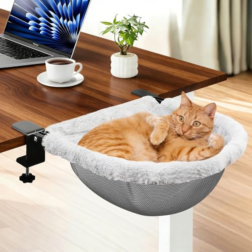 Proaustin Secure Cat Desk Bed - Extra-Large Clamp & Sunken Hammock Design with Faux Rabbit Fur Cover, Removable & Washable, Holds up to 40lbs