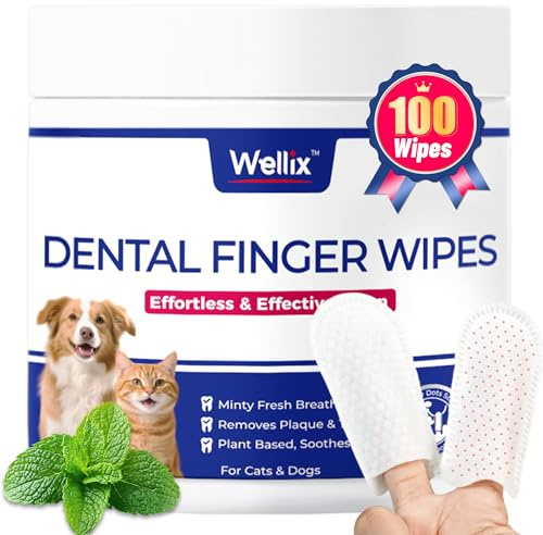 Wellix Dog & Cat Teeth Cleaning Wipes - for Dental Care - 100 Count | No-Rinse Disposable Dog & Cat Dental Wipes. Natural Formula. Help Reduce Dog Plaque, Tartar & Bad Breath