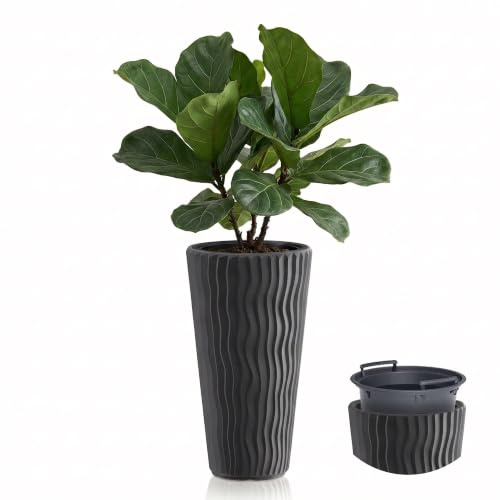 GEEZY Tall Slim Wavy Plant Pot with Insert, 53.1 x 29.7 cm - Weather Resistant Anthracite Grey Indoor & Outdoor Planter - Modern Flower Pots for Home, Garden & Patio