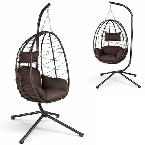 BAKAJI Poltrona Sospesa da Giardino Sedia Dondolo Amaca Pensile da Esterno Struttura Metallo Nido in Rattan e Corda + Cuscino Seduta Imbottito e Poggiatesta Design Moderno 198 x 110 x 95 cm (Marrone)
