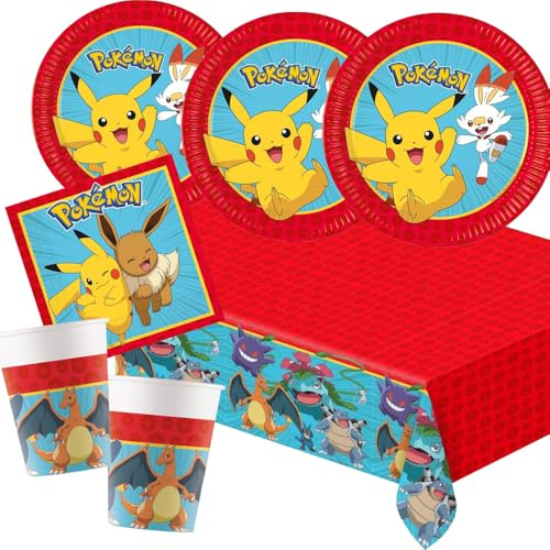 Set per feste – Pokemon – 37 pezzi, piatti di carta, bicchieri di carta, tovaglioli e tovaglia per compleanno dei bambini