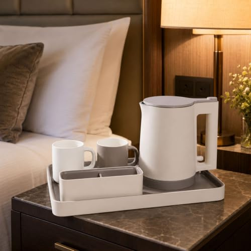 Electric Kettle Set, 0.8L Compact Kettle with Cups and Tray, White | For Guest Rooms, Compact Kettle with Cups, Tray and Retractable Cord