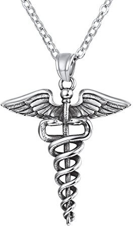 U7 Caduceus Kette Äskulapstab Halskette für Damen Herren Krankenschwester Arzt Engelsflügel Pflege Äskulapstab Anhänger Kette Edelstahl Medizinisch Amulett Kettenanhänger Modeschmuck für Arzt Mutter