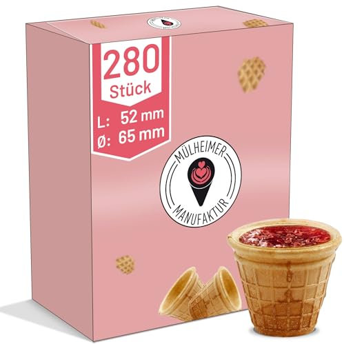 MyNaschbar Portionsbecher VEGAN rund, 280 Stück, 45 ml, 52 mm lang, Ø 65 mm – Knusprige Waffelbecher zum Befüllen – Ideal für Dips, Marmelade, Dekorationen & Fingerfood – Waffeln in Eisdielen-Qualität