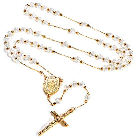FaithHeart Collar Mujer Rosario Acero Inoxidable 316L Cuentas Blancas Medalla Virgen María Cruz Santo Rosario Collar Religioso Amuleto