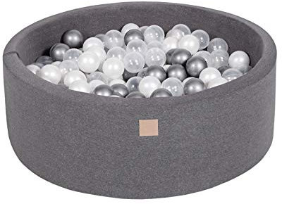 MEOWBABY Piscina di Palline 90x30cm/200 Palline ∅ 7CM Piscina di Palline Colorate per Bambini Tondo Fabbricato in EU Grigio Scuro: Bianco Perla/Argento/Trasparente