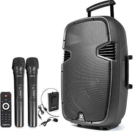 Vonyx SPJ-PA815 Portable PA Speaker System 15 Bluetooth 700W Battery Powered Active Sound System with Wireless Handheld & Headset UHF Microphones and MP3 Media Player