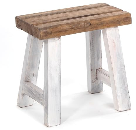 DESIGN DELIGHTS Vintage SITZHOCKER Rustic | 41x42x24 cm (HxBxT), Teakholz | Holzhocker, Teakhocker, Pflanzenhocker | Farbe: 05 weiß-Natur