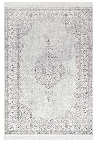Nouristan Orientalischer Teppich – Wohnzimmerteppich mit Fransen Oriental Vintage Medaillon Naveh Samt-Teppich für Wohnzimmer, Schlafzimmer, Esszimmer, Küche, Flur – Pastell-Rosa, 160x230cm