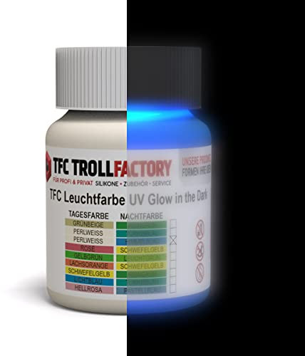 TFC Leuchtfarbe UV Glow In The Dark Tagesfarbe: RAL1013 perlweiß – Nachtfarbe: RAL5015 himmelblau 200 g