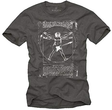 MAKAYA Musik T-Shirts mit Gitarre Leonardo Da Vinci Dunkelgrau Männer XXXXXL
