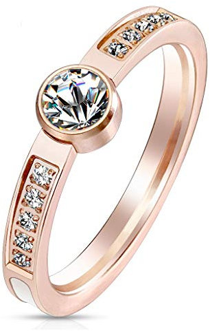 Paula & Fritz® Ring Damen Rose-Gold klare Zirkonia Perlmutt-Inlay 316L Chirurgenstahl Größe 59 (18,8) Damenring Herrenring Partnerring Ehering Bandring