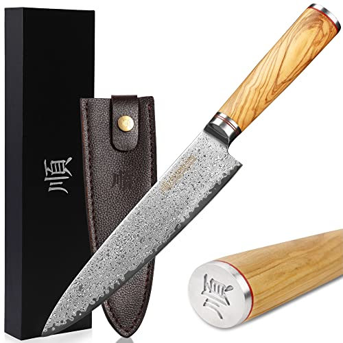 YOUSUNLONG Couteau de chef - Couteau de cuisine japonais Damas en acier inoxydable à haute teneur en carbone - Lame la plus affûtée 203 mm - Étui en cuir et bois d'olivier italien