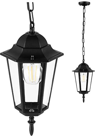 Pendelleuchte Vintage Hängelampe 230V Laterne mit Kette Höhenverstellbar Gefertigt aus Aluminium in Schwarz Optik und Glas in Klar Scheiben Wasserdicht Retro für alle E27 Leuchtmittel