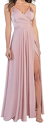KURFACE Robes de demoiselle d'honneur à bretelles spaghetti pour femmes, robes de soirée formelles en satin longueur au sol, vieux rose, 38