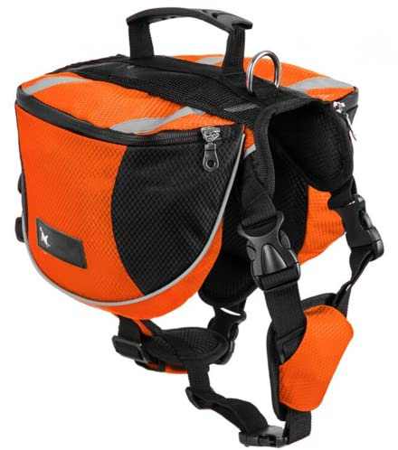 Satteltasche Hunderucksack für Mittlere Große Hunde, Packtaschen Rucksack für Reisen Wandern Training, Reflektierende Wasserdicht Verstellbare Kabelbaumweste mit Griff (orange, M (Hund 18 kg - 28 kg)