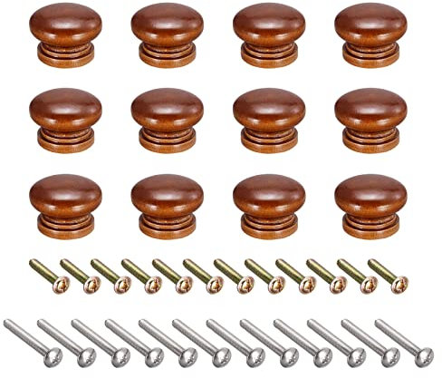 sourcing map Round Wood Knobs, 12pcs 33x23mm Pull Handles for Drawer with Screws Red Brown