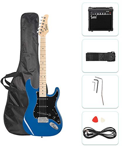 GLARRY Full Size Electric Guitar Kit for Beginner, GST Series Starter Package with 20W Amp and Accessories Pack Gig Bag, Strap Pick, Tremolo Bar, and Cable (Blue)