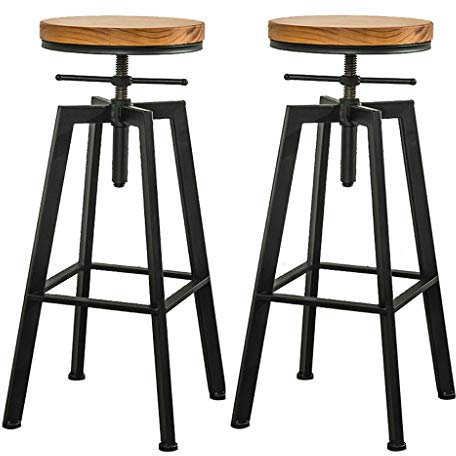 lirrebol Rustikale Barhocker in Thekenhöhe 2er-Set, verstellbare Barhocker für Küchentheke - ohne Rückenlehne - Sitz aus Naturholz - Untergestell aus schwarzem Metall