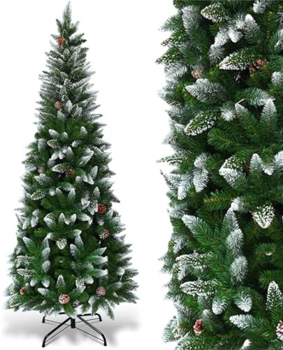 GYMAX 6FT Slim Snow Flocked Pencil Christmas Tree with Pine Cones and Metal Stand, Hinged Xmas Tree Holiday Decoration for Home, Office, Shops & Hotels