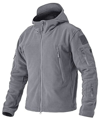 EKLENTSON Veste Polaire Coupe-vent pour Homme - Pour plein air - Avec Fermeture éclair et Capuche,Gris Clair,XXXL