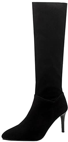 XINXINIO Stivali eleganti da donna con tacco sottile Stivali lunghi con slip-on al ginocchio con tacco a spillo, Nero , 42 EU