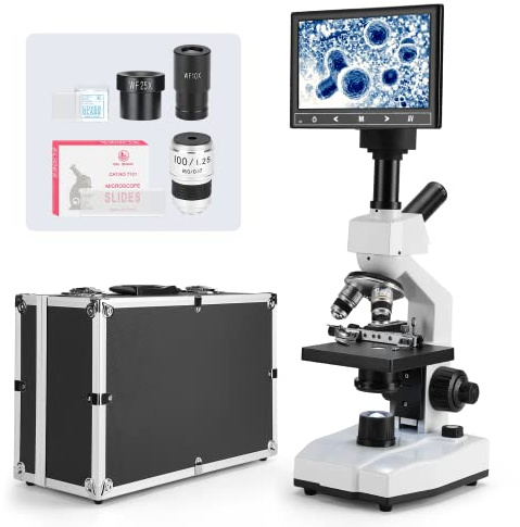 [Blood Version] Vabiooth Dual-View Compound Monocular Microscope 40X-2500X Magnification with 7 LCD Screen 5MP E-Eyepiece, Adjustable Mechanical Stage, Aluminum Carry Box for observing Live Blood