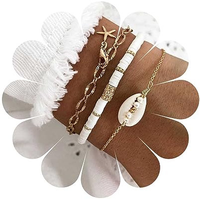 Yheakne Bracelet Heishi En Couches Vintage De Surfeur Blanc, Or, Coquillage Cauris, Perles Réglable Fait Main Pour Femmes Et Filles