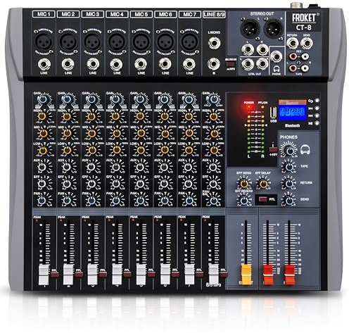Audio Mixer Froket CT-8 Professional 8-Channel Audio Interface, DJ Console with Bluetooth USB, Sound Mixing Console and Audio Console for Karaoke Wedding Party Recording Broadcast