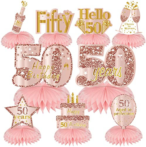 Turypaty Pink Rose Gold 50th Birthday Honeycomb Centerpieces Decorations for Women, 9Pcs Rose Gold Happy 50th Birthday Table Centerpieces Party Supplies, Fifty Year Old Birthday Table Toppers