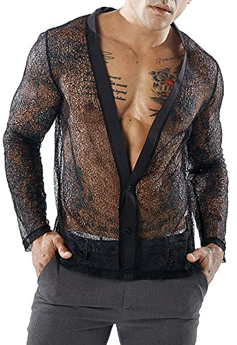 AIEOE Camiseta de malla para hombre, camisa transparente de manga larga, fina y transpirable, Negro 01., M