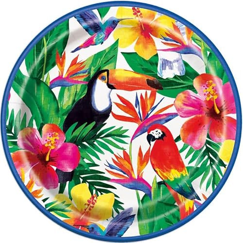 Unique- Assiettes en Carton Écologiques-23cm-Fête Luau Tropicale de Palmier-8 Pièces (Lot de 1), 72675EU, Multicolour