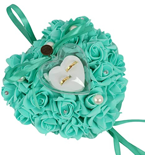 Katutude Ringkissen Hochzeit Herzform Ringbox, Romantische Herzförmig Ringhalter mit Rose Strasssteinchen und Schleife, Ehering Kissen für Eheringe Ringe, Hochzeitsfeier Zeremonie