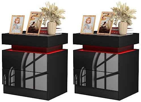 PIPIPOXER 2er Set Nachttisch mit LED Beleuchtung, Beistelltisch in Schwarz mit großen Stauraum,Nachttische aus Holz mit 2 Schubladen Nachtschrank für Wohnzimmer,Schlafzimmer,Bett Schwarz 45x35x52cm