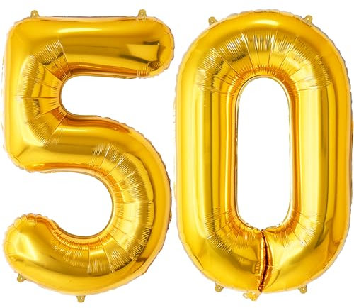 FUNFEST Ballons Anniversaire 50 Ans Couleur Or de 100cm – Décoration Ballon Anniversaire – Inclus Ballon 50 ans XL & Paille - Vole avec de l’hélium - Ballon Réutilisable de Qualité Supérieure