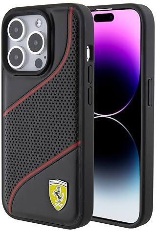 CG Mobile Ferrari Kompatibel mit iPhone 15 Pro Hülle in Schwarz schräge Perforation PU Leder Anti-Scratch Glatte Schutzhülle mit Easy Snap-on, Stoßdämpfung & Signature Logo