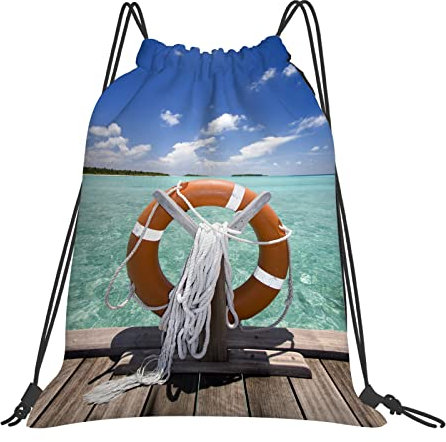DELURA Rucksack mit Kordelzug,Rettungsring, Rettungsring am Pier Sommerhimmel Exotische tropische Sonne,Kordelzug-Sackpack für Sport, Yoga, Reisen, Cinch-Tasche mit Reißverschlusstasche