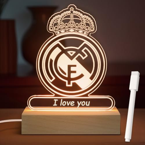 AIRUEEK Madrid Lampe 3D Fußball Lampe Schild Madrid Geschenke für Fußballer Kinder Nachtlicht Sockel aus Holz Mit weißem Whiteboard-Marker