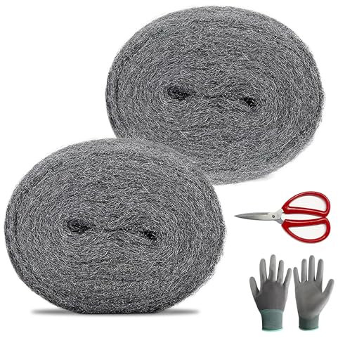 Premium Wire Wool Mice 2 Rolls 22f (6.7 Meter) - Ultra-Fine 0000 Steel Wool for Cleaning, Polishing & Surface Preparation with Scissors and Glove