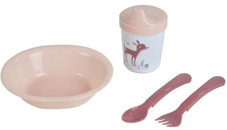 Bébé Douceur, Set Repas 4 pièces avec Assiette + Couverts + Tasse Plastique Foret Magique