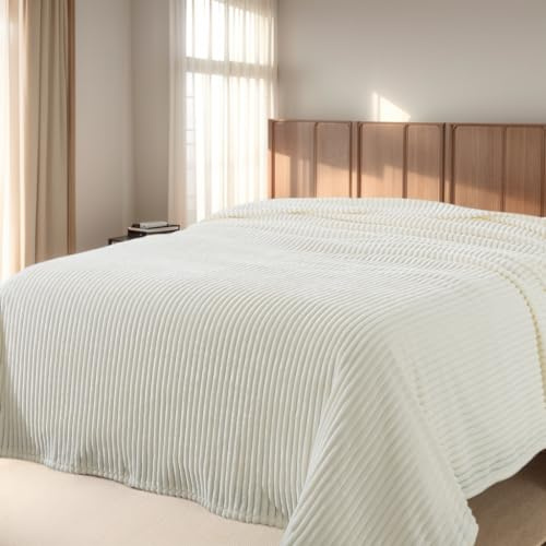 HOZY Coperta Plaid Pile, Coperta Matrimoniale 220 x 240 cm Flanella, Coperta Divano Super Grande Caldo Morbida - Crema