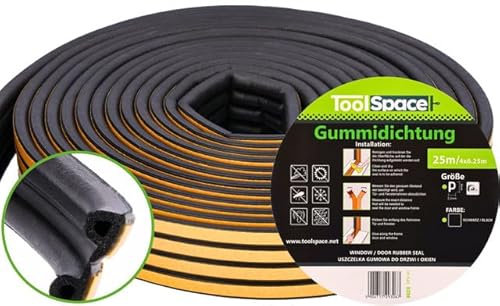 ToolSpace Türdichtung Selbstklebend Dichtungsband Dichtungsgummi Door Sealing Strip P Profil Schwarz Gummidichtung für Fenster & Türen 25M Fensterdichtung Anti-Kollision Gummi Schaum Schaumstoffband