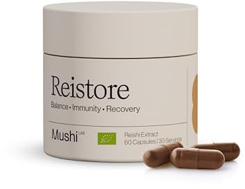 Reishi Mushi LAB - Extracto Reishi Puro en Cápsulas - Orgánico Premium - Sin aditivos - Antioxidante natural para el sistema inmune - Duerme bien - Efecto Antiestrés - Hongo Reishi Orgánico