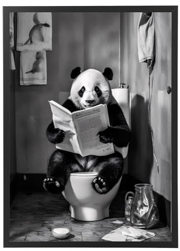 Panda auf WC, Poster 50cm x 70cm mit Rahmen, Toilette Badezimmer Deko Bild, Wand-Deko Bilder Lustiges Geschenk
