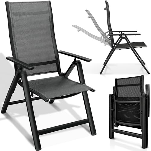 tillvex® Gartenstuhl Hochlehner 1 Stück klappbar mit Armlehnen Wetterfest | Klappstuhl 7-fach Verstellbar | Campingstuhl Klappbar & Atmungsaktiv | Gartenstühle Balkon Terrasse Aluminium