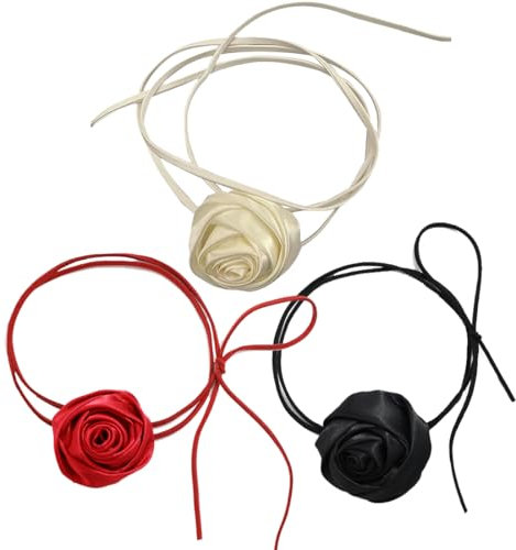 NTRUXZP 3 Pezzi Collana Girocollo con Fiori per Donne e Ragazze,Elegante Collana con Rosa,Personalità Choker Nero con Spalline Lunghe per Matrimoni,Feste di Compleanno (Nero,Rosso,Bianco)