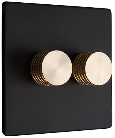 Dowsing & Reynolds Double LED Dimmer Light Switch 2 gang 2 way 5-150W Matt Black with Brass Knobs